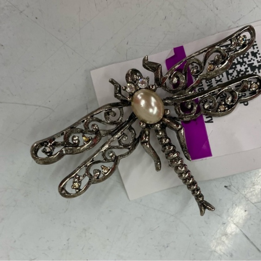 Vintage Oscar De La Renta Silver Dragonfly Brooch with Pearl Accent